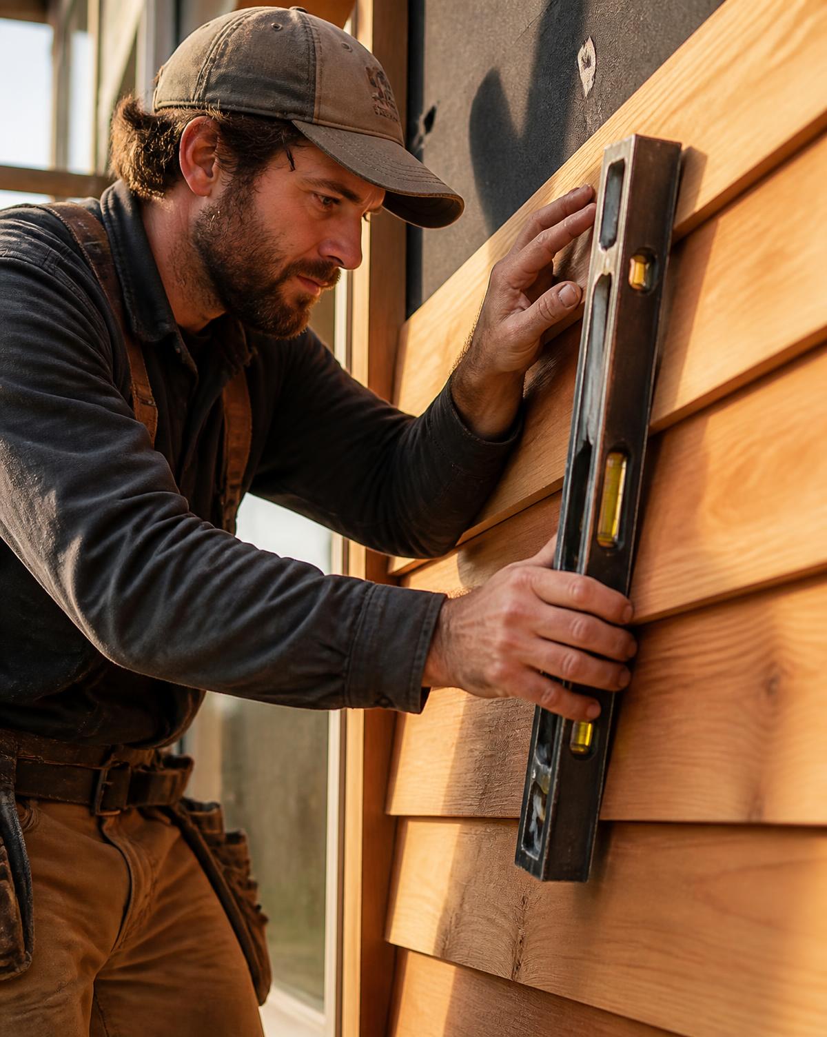 Noah Gengler installing siding with a level